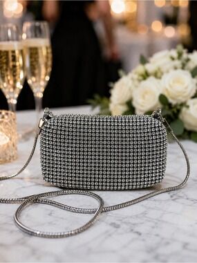 Rhinestone Black Satin Clutch Handbag, Detachable Silver Rope Chain